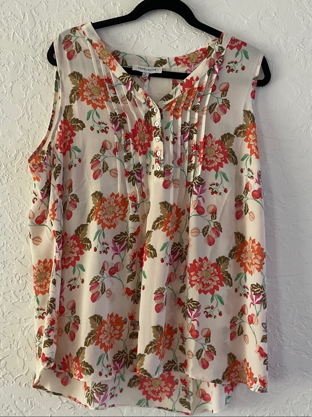 Rose + Olive Cream Sleeveless Floral Top Coral & Orange Blooms